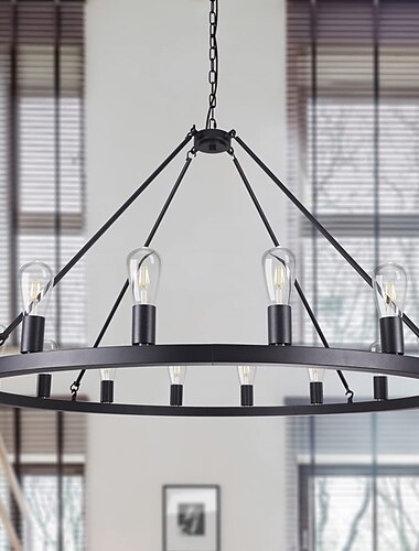 Lustre led noir sur roues 20 lumières grand lustre de campagne rustique rond luminaire industriel pour salle à manger salon îlot de cuisine hall d'entrée