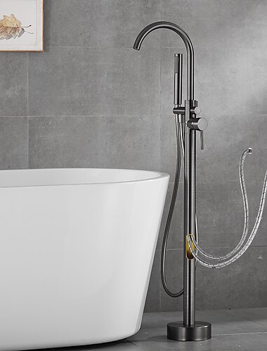 Badewannenarmatur Bodenmontage freistehender Wannenfüller Messing High-Flow-Duscharmaturen mit Handbrause-Mischbatterien schwenkbarer Auslauf (Gun Grey)