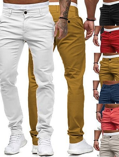  Men\'s Trousers Chinos Slacks Jogger Pants with Side Pocket Button Front Straight Leg Plain Breathable Soft Ankle-Length Home Daily Return to Office Cotton Stylish Classic Style Slim White Black