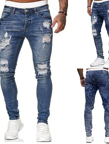  Men\'s Jeans Skinny Trousers Ripped Jeans Denim Pants Pocket Ripped Solid Color Comfort Full Length Daily Sports Denim Streetwear Stylish Light Blue Micro-elastic