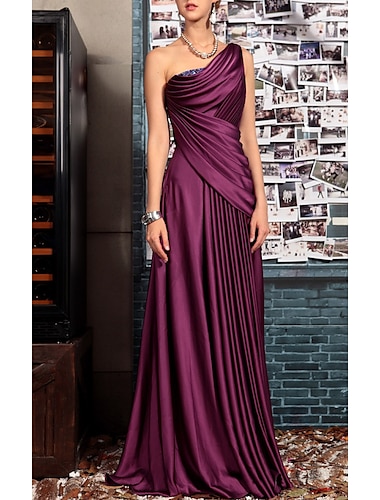  Sheath Black Dress Evening Gown Elegant Dress Formal Evening Floor Length Sleeveless One Shoulder Fall Wedding Guest Satin Backless with Pleats Crystals Draping 2024