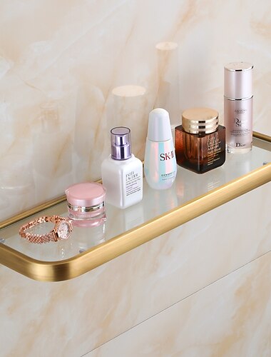 badrum väggmonterad enkellager rektangel glashylla antik mässing badrum förvaring badrumstillbehör hållare