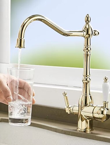 rubinetti purificatori da cucina a doppia leva rubinetto miscelatore lavello, beccuccio di purificazione dell'acqua a rotazione 360 montato sul ponte, rubinetto monoforo a doppia maniglia con tubo freddo e caldo