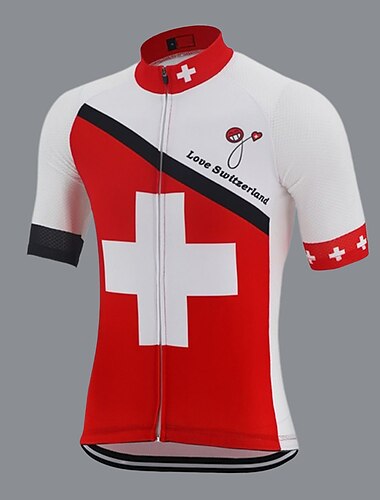  21Grams Men\'s Cycling Jersey Short Sleeve Bike Jersey Top with 3 Rear Pockets Mountain Bike MTB Road Bike Cycling UV Resistant Breathable Quick Dry Reflective Strips Red White Switzerland Denmark