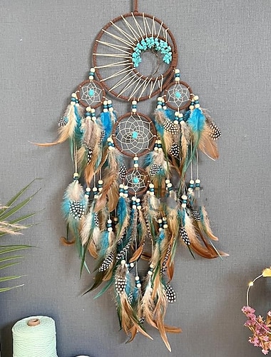 fargerikt livets tre drømmefanger håndlaget gave fjærkrok blomst vindklokke med fem sirkler ornament veggheng dekor kunst boho stil 15x80cm/6''x31.5''