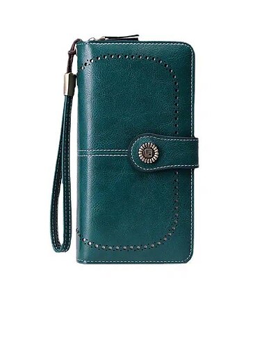 Portafoglio lungo con blocco RFID e polsino portafoglio in finto cuoio stile retrò con più scomparti per carte e finestra per ID