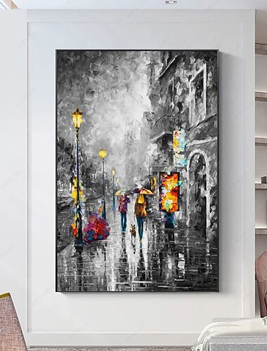 kézzel készített olajfestmény vászon akril falművészet dekoráció modern fekete-fehér késes festmény egy romantikus esős utcakép lakberendezési célra hengerelt keret nélküli feszítetlen festmény