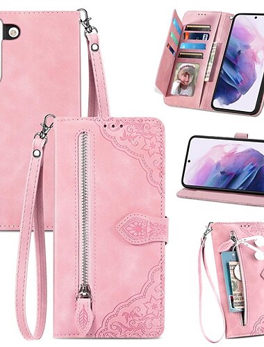 téléphone Coque Pour Samsung Galaxy S26 Ultra Plus S25 S23 S22 S21 FE S21 Ultra Plus S20 A34 A54 A33 Étui Portefeuille Clapet Fermeture Éclair Avec Dragonne Couleur Unie faux cuir