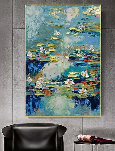 Pintura al óleo hecha a mano lienzo acrílico pared arte decoración cuchillo abstracto moderno estanque de loto paisaje para decoración del hogar enrollado sin marco pintura sin estirar