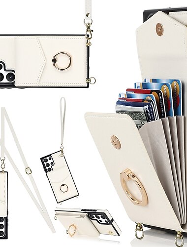 טלפון מגן עבור סמסונג גלקסי S26 אולטרה פלוס S25 S24 S23 S22 S21 FE S21 Ultra Plus S20 A14 A54 ארנק תיק יד מארז כרטיס ארנק מחזיק טבעת למניעת גניבה עם רצועת גוף צולבת נשלפת TPU עור PU