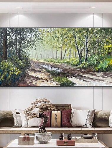 Handgefertigtes Ölgemälde auf Leinwand, Wandkunst, Dekor, abstraktes grünes Waldgemälde, originales Landschaftsgemälde für Wohnkultur mit gespanntem Rahmen/ohne Innenrahmenmalerei