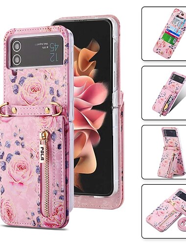 telefone Capinha Para Samsung Galaxy Z Virar 6 Z Flip 5 Z Flip 4 Z Flip 3 Bolsa Bolsa Capa para Cartão Wallet Virar Zíper com alça transversal removível Gráfico Flor Couro PU