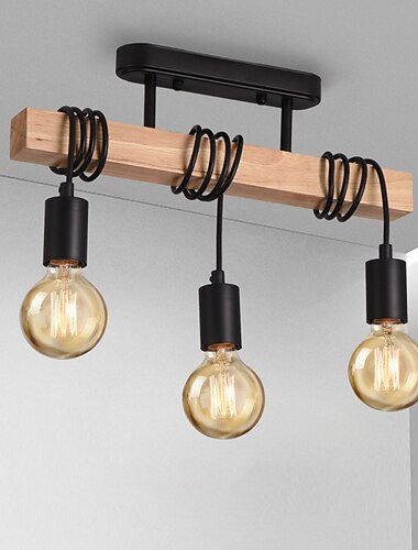 LED Pendant Light Industrial Wood with 3 Heads Adjustable Pendent Chandelier Light Vintage Semi Flush Ceiling Light Living Room E27 Bulb Drop Light Kitchen Dining Room Black Hanging Light