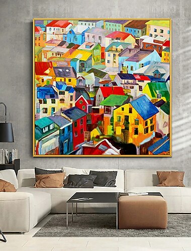 Handgefertigtes Ölgemälde auf Leinwand, Wandkunst, Dekoration, modernes abstraktes Dorf, buntes Haus, Zuhause, Wohnzimmer, Dekor, gerollt, rahmenlos, ungedehnt