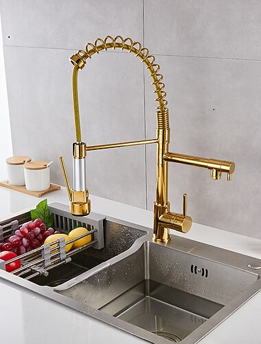 kjøkkenvask blandebatteri nedtrekkssprøyte, ettgreps uttrekkbare kraner, 360° svingbar kaldt varmtvannskran i messing gullforgylt krom svart
