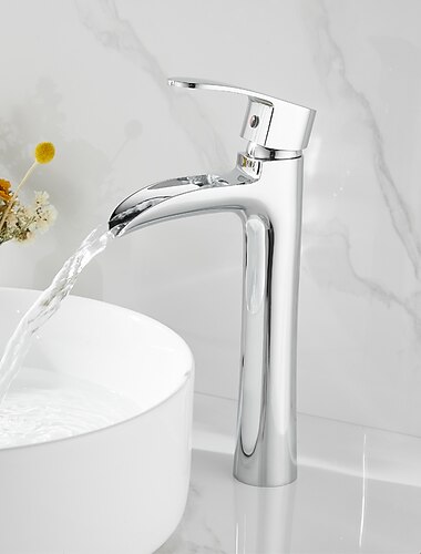 vandfald håndvask armatur armatur krom, høj håndvask blandingsbatteri messing, enkelt håndtag et huls hane med varm og kold slange dækmonteret kar vandhane