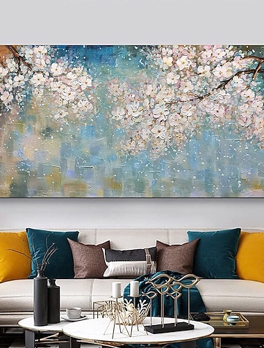 Hang-Ölgemälde Handgemalte Horizontal Abstrakt Blumenmuster / Botanisch Modern Fügen Innenrahmen / Gestreckte Leinwand