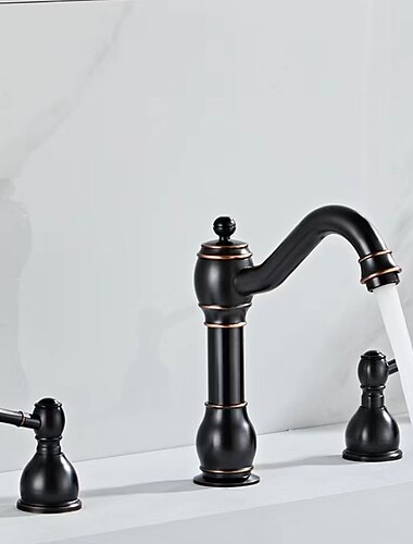 weit verbreitete Waschbecken-Mischbatterie, 360 ° drehbarer Messing-3-Loch-2-Griff-Waschtischarmatur, Deckmontage, Waschraum-Waschbecken-Wasserhahn mit heißem und kaltem Schlauch