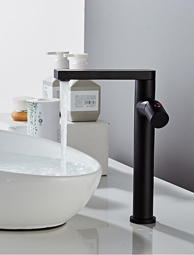 صنبور بالوعة حوض أسود نحاسي ، صنابير حمام طويلة مقبض واحد ثقب واحد مع وعاء خرطوم ساخن وبارد مثبت على سطح الحنفية المائية