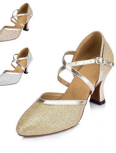  Women\'s Ballroom Dance Shoes Modern Shoes Performance Training Party Heel Glitter Net Thick Heel Buckle Silver Gold Beige