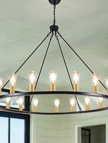LED-Kronleuchter schwarz auf Rädern 20-Licht-großer runder rustikaler ländlicher Kronleuchter industrielle Leuchte für Esszimmer Wohnzimmer Kücheninsel Foyer Flur