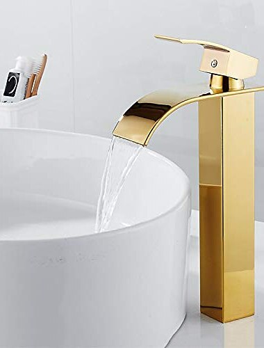 vesiputous kylpyhuone pesuallas hana hana korkea lyhyt, yksi pesuallas yksikahva pesuallas hanat, pesuhuone kuuma ja kylmä letku yksiosainen astia vesi messinki hana kansi asennettu kultainen musta