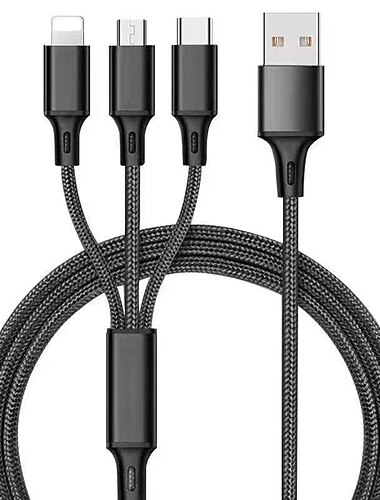 Câbles 3 en 1, cordon de chargeur de téléphone a/c vers téléphone + type c + adaptateur de synchronisation tressé en nylon micro pour Android/téléphone/tablettes, alliage 3d + connecteur tpe, noyau en
