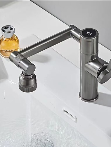 Faltbarer Waschbecken-Mischbatterie LED-Display, Vintage 360 Schwenkauslauf drehbarer Waschbeckenhahn, Retro-Einhandgriff aus Messing, ein Loch mit Kalt- und Warmwasserschlauch