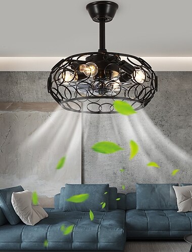 ventilador de teto com luzes e controle remoto, ventilador industrial enjaulado de 19,5", luz do ventilador lustre vintage interno para quarto, sala de estar, sala de jantar, quarto infantil, preto