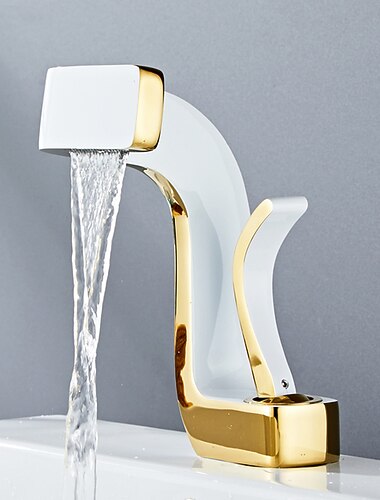 Grifo mezclador de lavabo de baño en cascada de latón, grifos de lavabo de una sola manija de un orificio con grifo de agua de recipiente de manguera fría y caliente montado en cubierta