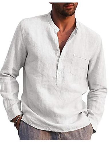  男性用 リネンシャツ サマーシャツ ビーチシャツ ライトブルー 長袖 純色 カラー 夏 春 誕生日 ストリート 衣類 ポケット