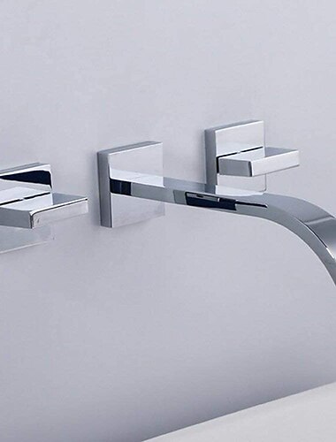 Wall Mounted Bathroom Sink Mixer Faucet Waterfall, Widespread Basin Taps Vintage Brass 2 Handles 3 Holes Washroom Wash Baxin Tap with Cold Hot Water Hose