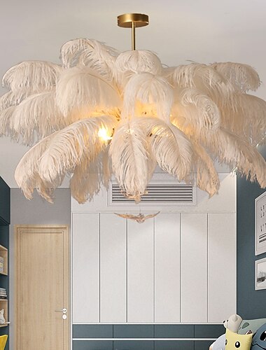 candelabru cu pandantiv cu LED superb, extra mare, 70 cm, cu 6 lumini, buchet de pene de struț alb, pandantiv, corp de iluminat montat romantic pentru dormitorul restaurantului