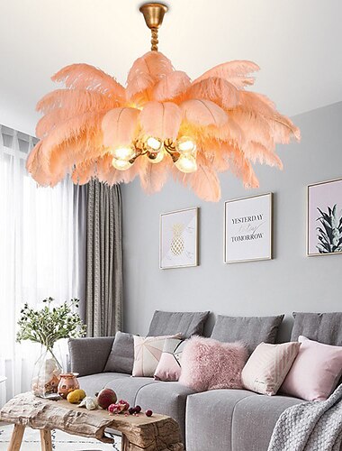 candelabru cu pandantiv cu LED superb, extra mare, 80 cm, cu 6 lumini, buchet de pene de struț alb, pandantiv, corp de iluminat montat romantic pentru dormitorul restaurantului