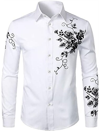  Men\'s Shirt Floral Turndown Party Daily Button-Down Long Sleeve Tops Casual Fashion Comfortable White Black Blue