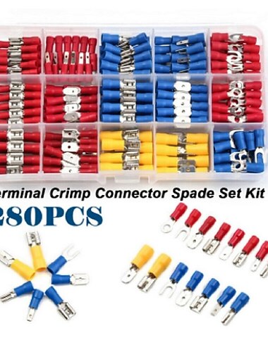 280 pièces boîte assortie cosses à bêche connecteur de câble isolé fil électrique à sertir bout à bout anneau fourchette ensemble cosses roulées kit