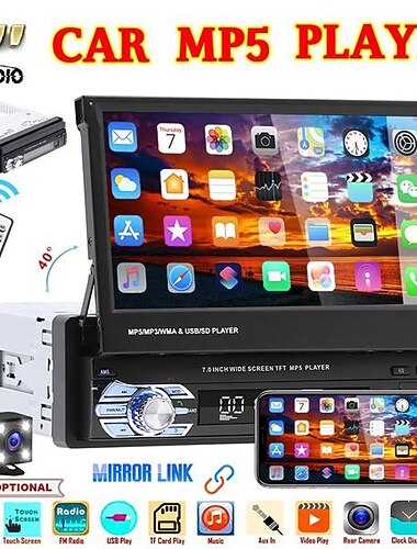 nieuwste 7 "hd 1080 p intrekbare touchscreen autoradio stereo 1 din bluetooth auto mp5-speler ondersteuning usb/aux/fm/mirror link functie + achteruitrijcamera