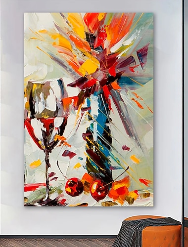  ציור שמן בעבודת יד ציור קיר אמנות מופשטת טבע דומם כוס יין קישוט הבית תפאורה מסגרת מתוחה מוכנה לתליה