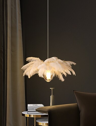 Led ペンダント ライト シャンデリア 35 センチ 1 ライト ホワイト ダチョウの羽ブーケ ペンダント ライト ロマンチックなマウント照明器具レストランの寝室