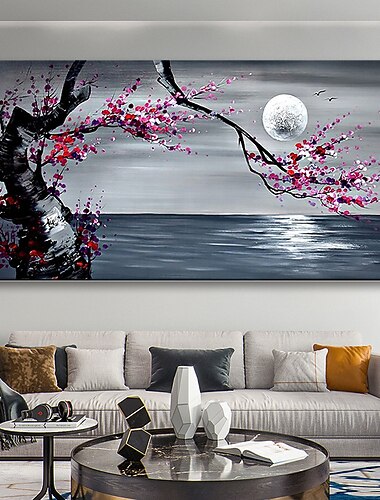  paesaggio dipinto a olio dipinto a mano wall art canvas vintage plum blossom luna paesaggio floreale / botanico moderno tela arrotolata (senza cornice)