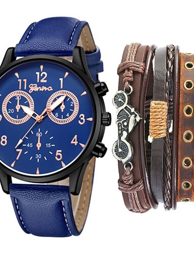 Reloj Set Hombre Moda Casual Dos Ojos Cinturón Reloj de Cuarzo Pulsera Punk Bicicleta 5pcs/set