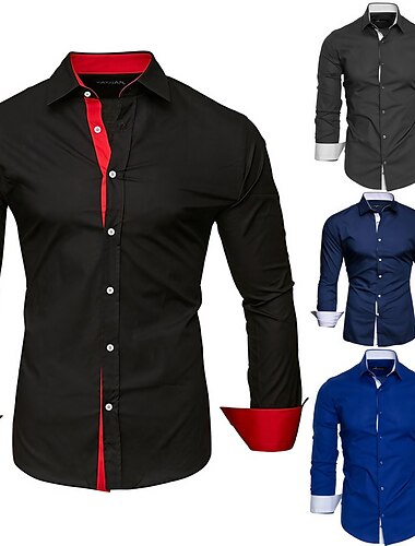  Men\'s Dress Shirt Button Up Shirt Collared Shirt Black White Red Navy Blue Long Sleeve Plain Collar Summer Spring Wedding Valentine\'s Day Clothing Apparel Patchwork