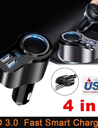 divisor usb para carro, 4 em 1 usb c carregador de carro, 36w multi usb adaptador de isqueiro divisor de soquete com 3 portas usb, 12v/24v dual usb tipo c pd adaptador de carregador de carro rápido
