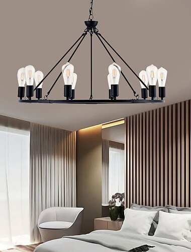 LED Pendant Light Vintage Painted Metal Chandelier Lighting, with 6/8/10/12 Lights, Rustic Vintage Farmhouse Chandelier Lighting, Carriage Wheel Pendant, Black