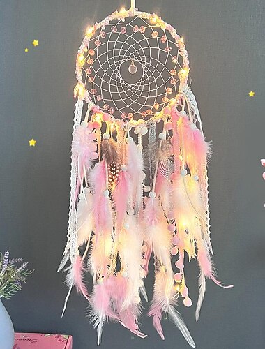 rosa drömfångare handgjord present fjäderkrok blomma vindspel prydnad vägghängande dekor konst boho stil, 67x16cm/26,3''x6,3''