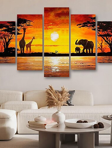  5 panouri artă de perete imprimeuri pânză postere pictură opera de artă imagine elefant animal copac apus de soare decor decor pânză rulată cu cadru întins