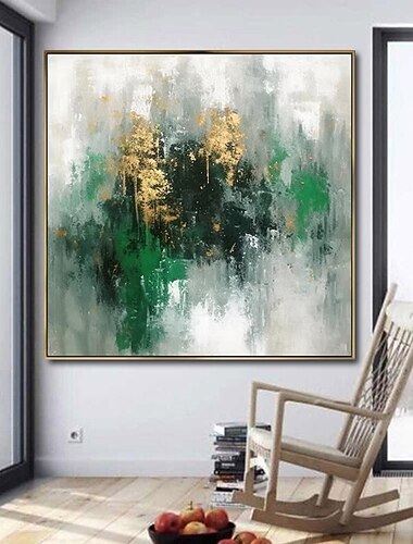 Handgefertigtes Ölgemälde auf Leinwand, Wandkunst, Dekoration, handbemalt, modernes, grünes, goldenes, abstraktes Gemälde für die Inneneinrichtung, gerolltes, rahmenloses, ungedehntes Gemälde