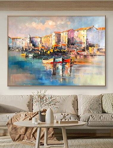 Peinture à l'huile faite à la main sur toile art mural décoration vue abstraite de la chanson de pêche paysage de la ville pour la décoration intérieure roulé sans cadre peinture non étirée