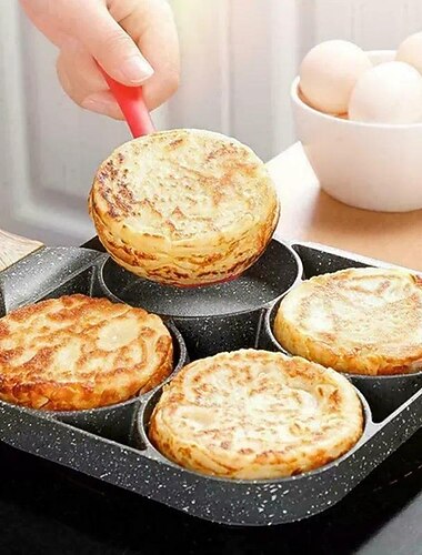 Tigaie antiaderentă pentru ouă, tigaie cu 4 găuri și mâner, multifuncțională, mâner din lemn, tigaie antiaderentă pentru omletă din piatră medicală