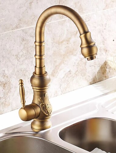 伝統的なキッチンシンクミキサー蛇口スイベルスパウトは360°回転、レトロスタイルのシングルハンドルキッチンタップデッキマウント、1穴真鍮ヴィンテージ水容器タップ